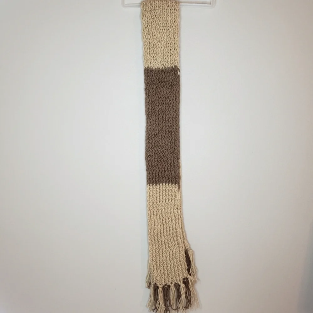 Brown & Ivory Handcrafted Crochet Scarf with Fringe Edges